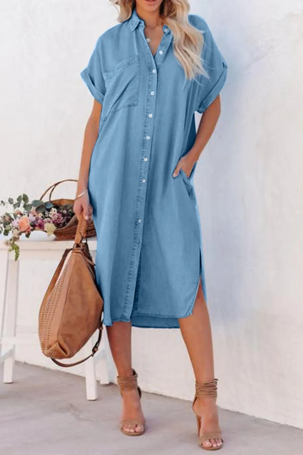 Imitation Denim Slit Button Up Short Sleeve Dress - Trendy Rayon Blend, Machine Washable
