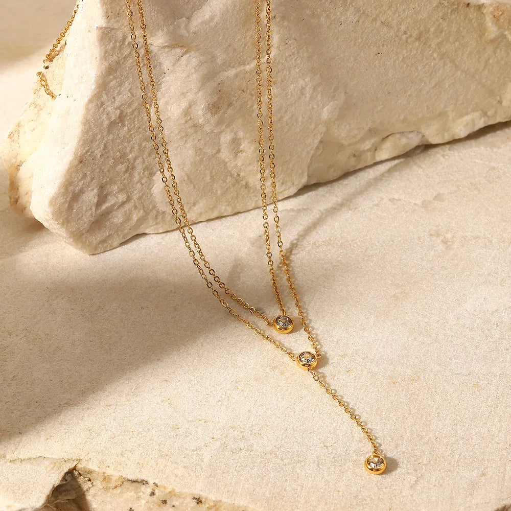 18K Gold-Plated Stainless Steel Double-Layered Necklace with Zircon Accents - 15.4" Chain