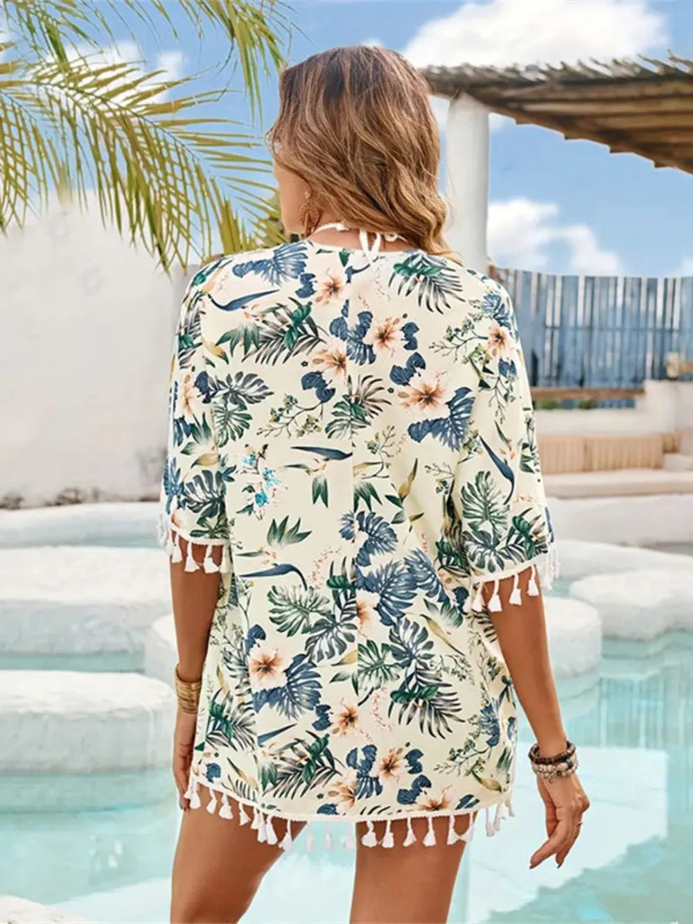 Women's Tassel Printed Open Front Half Sleeve Cover-Up - Sheer Opaque 100% Polyester