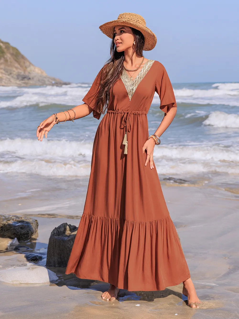 Stylish Ruffled Tassel V-Neck Flutter Sleeve Dress with Lace Detail - 100% Viscose, Opaque Design