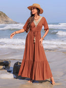 Ruffled Tassel V-Neck Flutter Sleeve Dress Terracotta