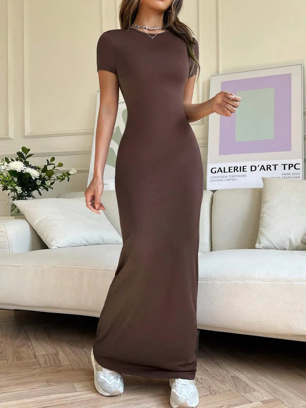 Trendy Short Sleeve Maxi Tee Dress - Opaque, Slightly Stretchy, 95% Polyester