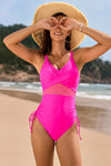 Drawstring Ruched V-Neck One-Piece Swimwear Hot Pink