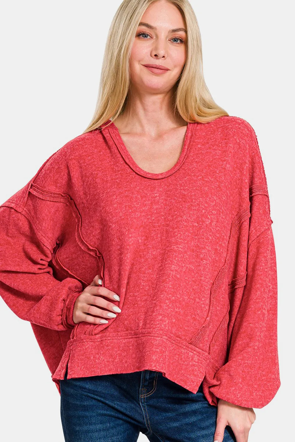 Trendy Zenana Brushed Hacci Hoodie with Exposed Seams and Balloon Sleeves for Ultimate Comfort