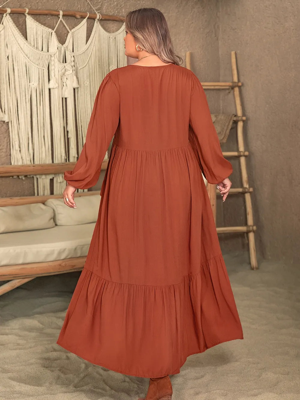 Plus Size Ruffled V-Neck Dress with Balloon Sleeves - 100% Viscose, Opaque & Tiered Design