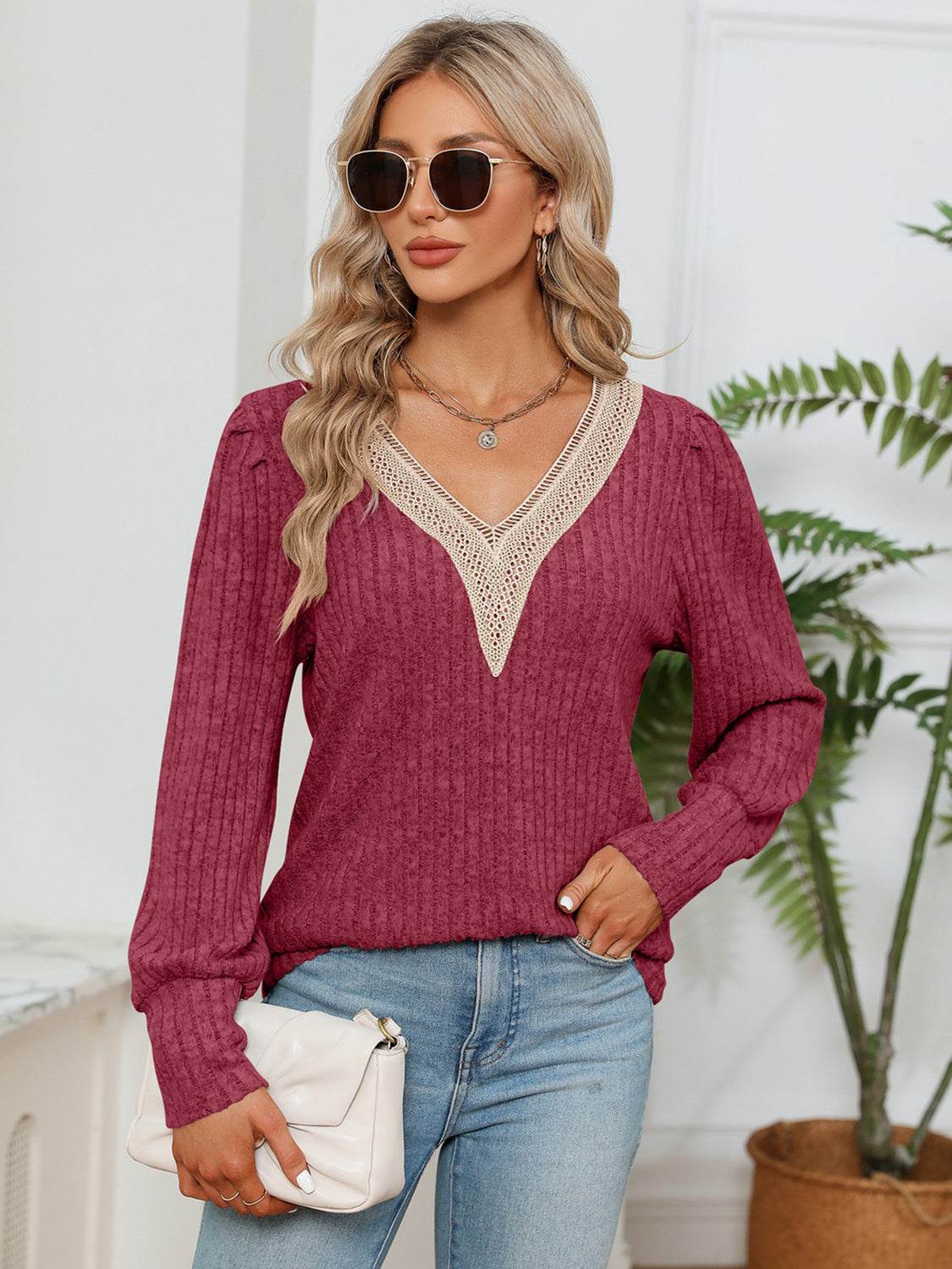 Lace Detail V-Neck Blouse with Ribbed Texture - Opaque, Slightly Stretchy Fabric - Store 42