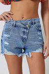 High Rise Crossover Waist Denim Shorts Light Blue