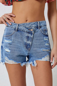 High Rise Crossover Waist Denim Shorts Light Blue
