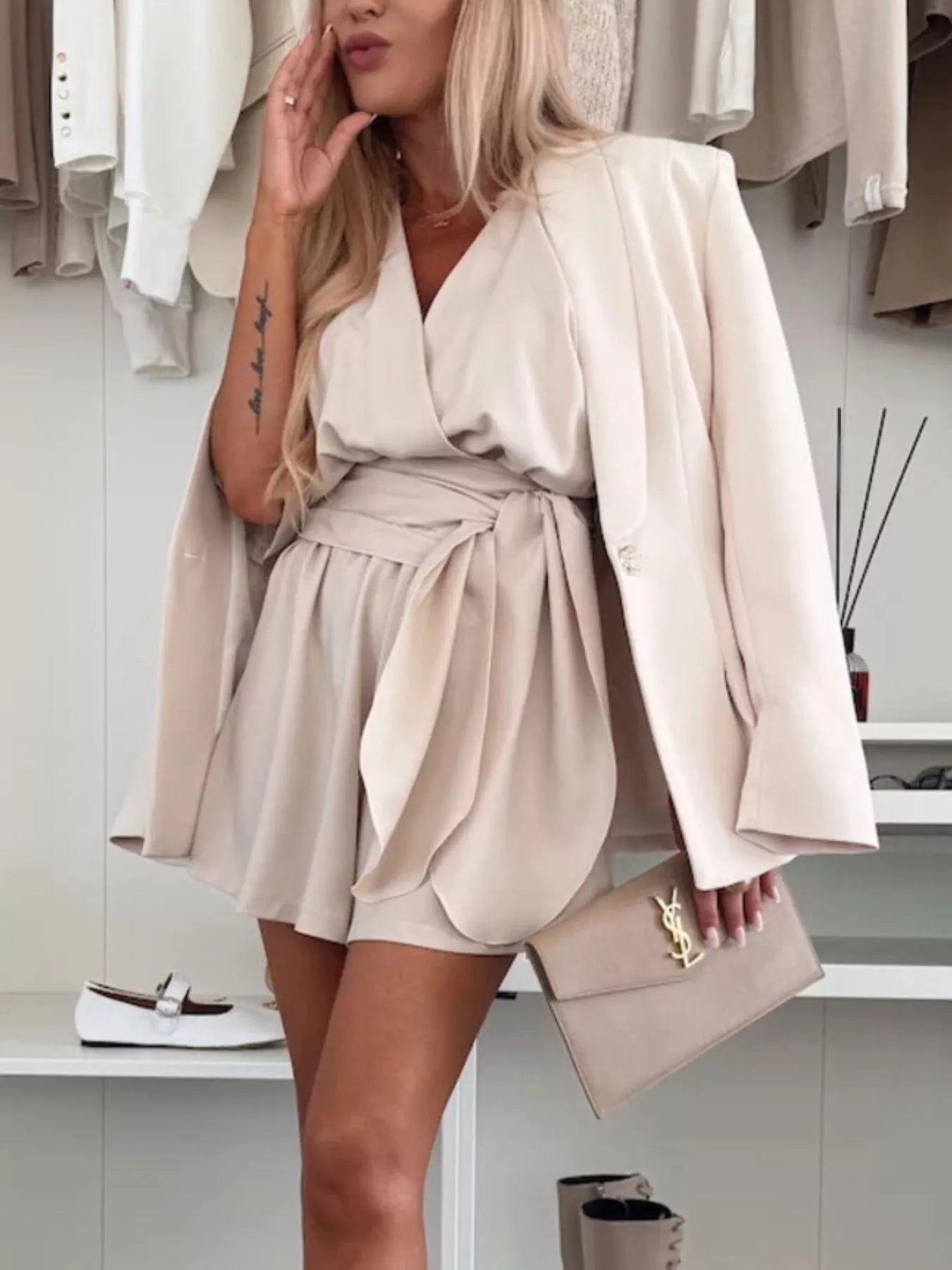 Plus Size Full Size Surplice Tie Waist Romper - Stylish and Comfortable with Belted Design