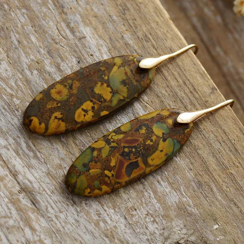 Elegant Natural Stone Copper Dangle Earrings with Unique Patterns | 14K Gold-Plated