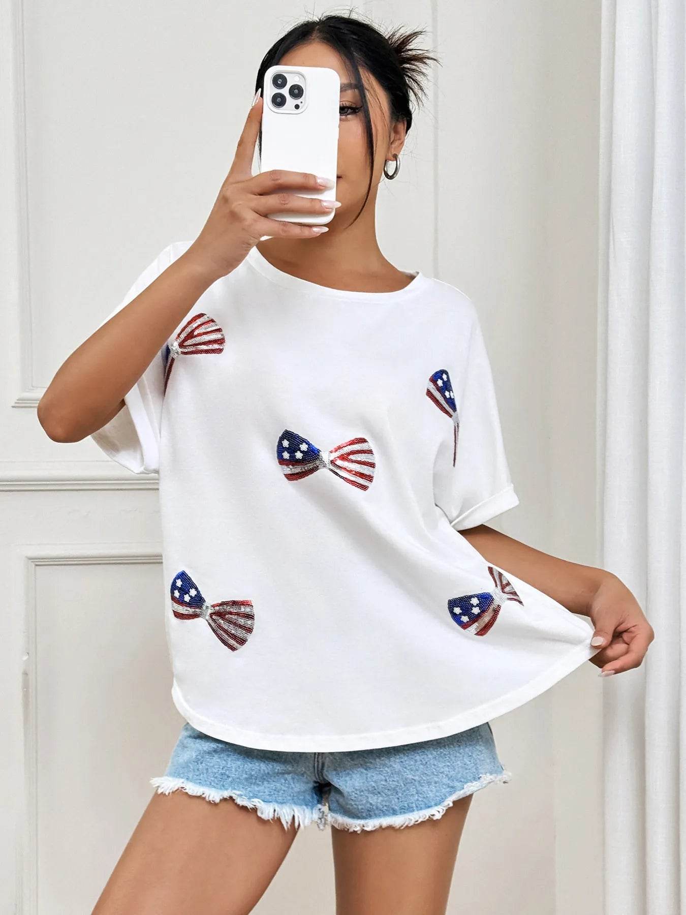 Trendy Oversized Sequin Round Neck T-Shirt - Slightly Stretchy 95% Polyester Blend - Store 42