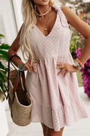 Embroidered Eyelets Ruffled Hem Sleeveless Mini Dress
