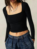 Sleek Square Neck Fitted Long Sleeve T-Shirt - Slightly Stretchy Polyester Blend - Store 42