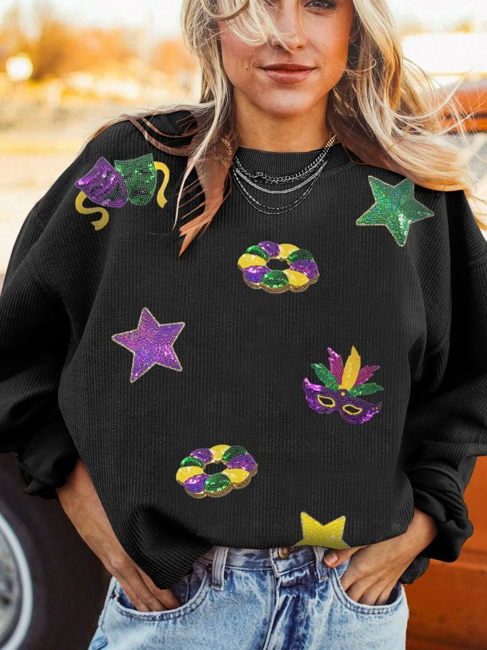 Trendsi Sequin Round Neck Long Sleeve Sweatshirt - Elegant Opaque Polyester Top