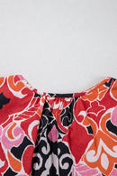 Ethnic Print Split Neck Short Puff Sleeve Blouse