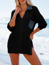 Side Slit Openwork Collared Neck Cover-Up Black
