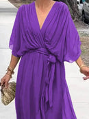 Full Size Flowy Tie Front Midi Dress with Flutter Sleeves Plus Size - Store 42