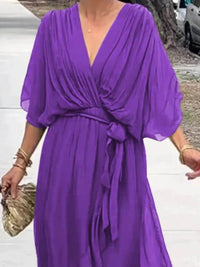 Full Size Flowy Tie Front Midi Dress with Flutter Sleeves Plus Size - Store 42