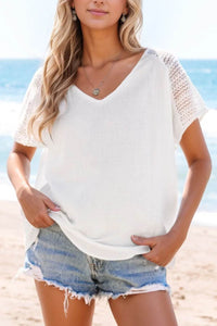 Lace Crochet Button Back V-Neck T-Shirt - Semi-Sheer 100% Cotton Top for Stylish Comfort - Store 42