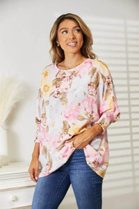 Double Take Floral Round Neck Three-Quarter Sleeve Top - Store 42