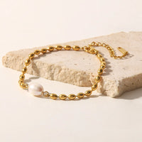 Pearl and Gold Chain Jewelry Set with Necklace and Bracelet