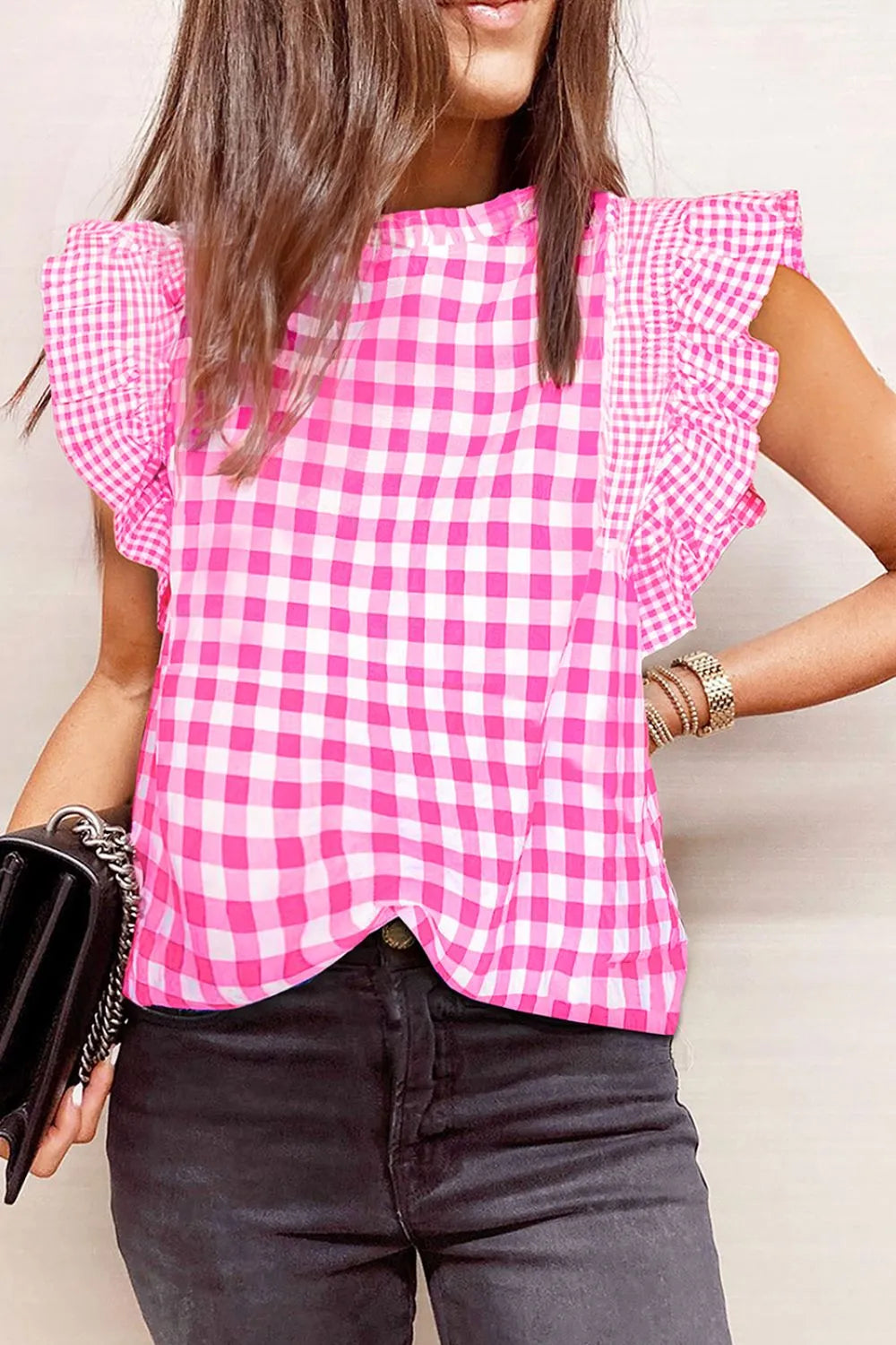 Stylish Checkered Ruffled Sleeve Blouse with Frilled Neck - 100% Cotton, Opaque & Elegant