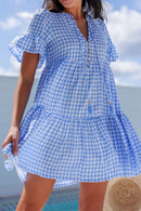 Gingham Short Sleeve Button Tie Split Neck Loose Mini Dress