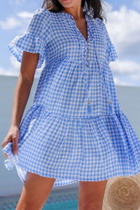 Gingham Short Sleeve Button Tie Split Neck Loose Mini Dress