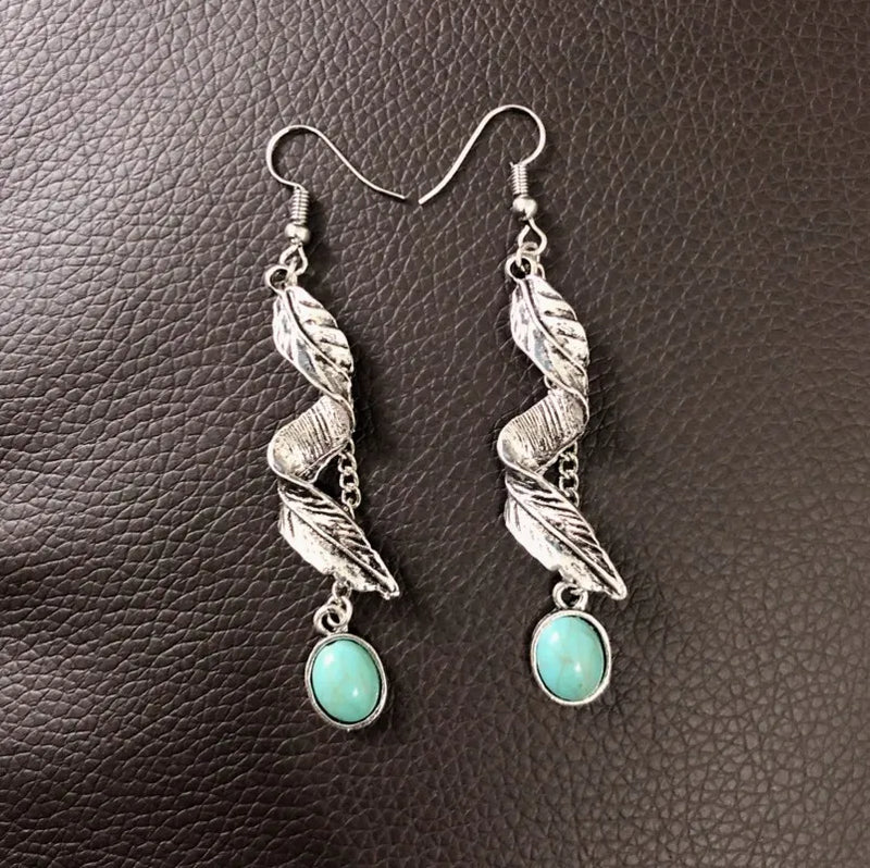 Turquoise Alloy Leaf Earrings - 9K Gold-Plated, Elegant Artificial Jewelry for Women