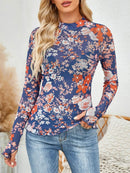 Floral Mock Neck Long Sleeve Top for Women - Slightly Stretchy, Comfortable Polyester Blend - Store 42