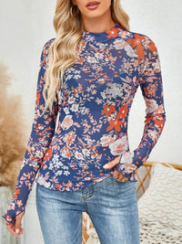 Floral Mock Neck Long Sleeve Top for Women - Slightly Stretchy, Comfortable Polyester Blend - Store 42