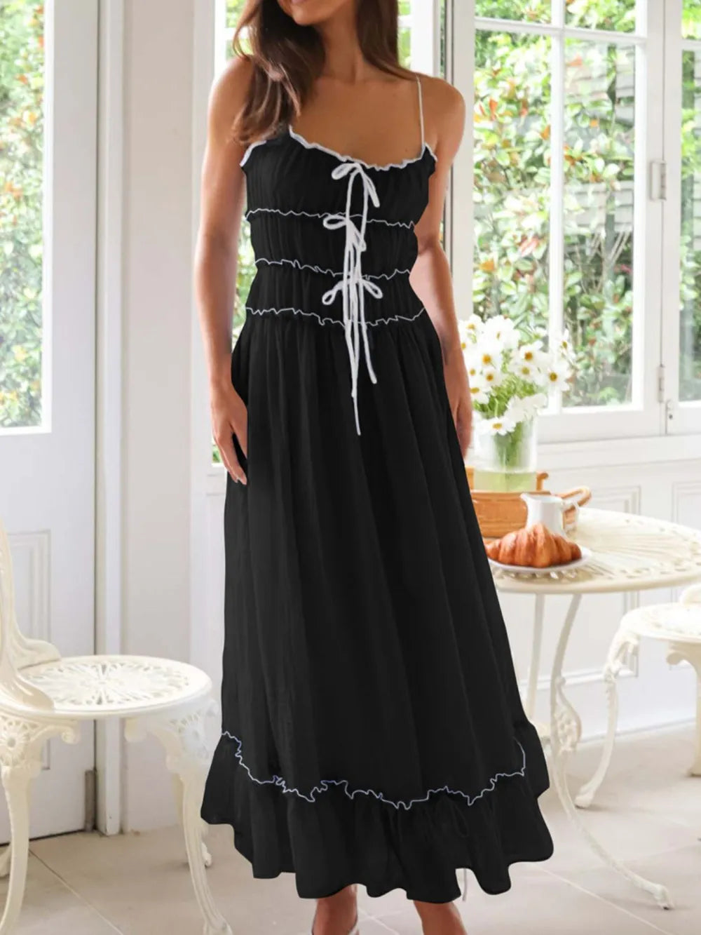 Devine Frill Ruffled Hem Midi Cami Dress - Ruched, Tied, Lined, Slightly Stretchy