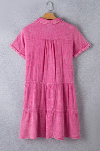 Mineral Wash Crinkle Split Neck Raw Hem Tiered Dress