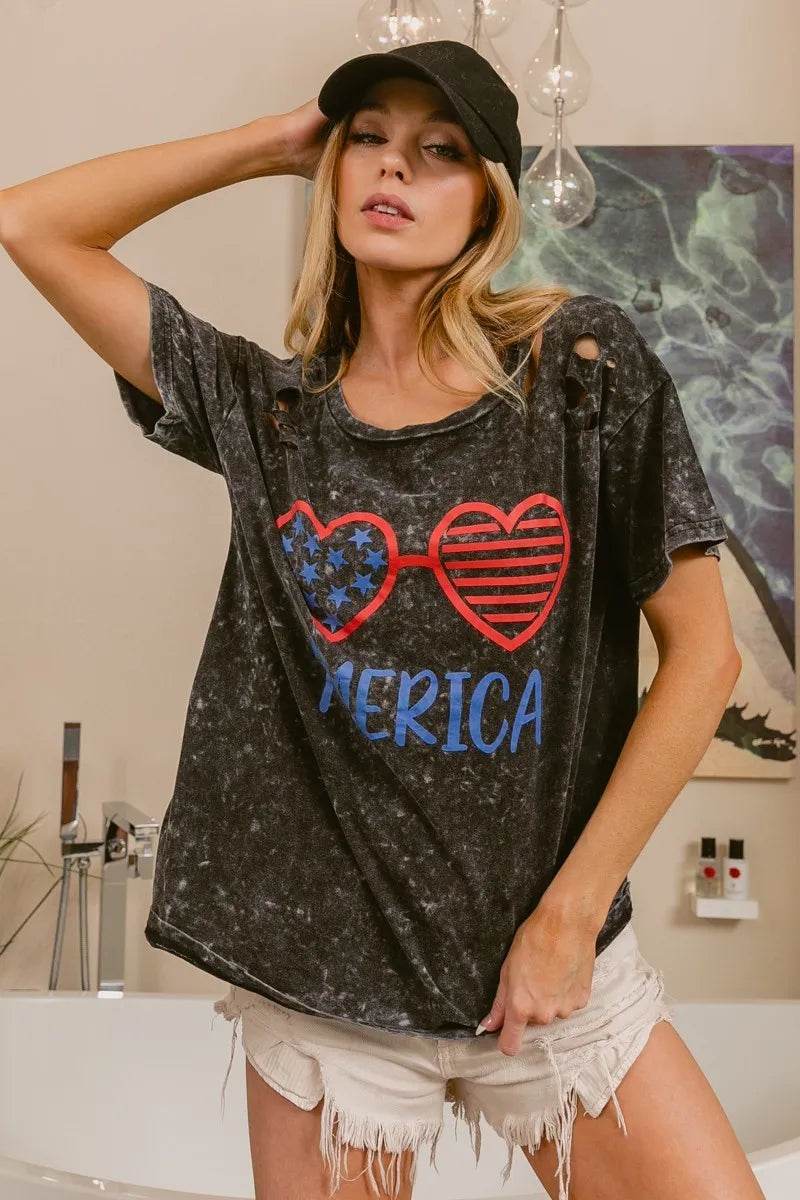 BiBi 4th Of July Theme Mineral Washed Laser Cut Top - Store 42