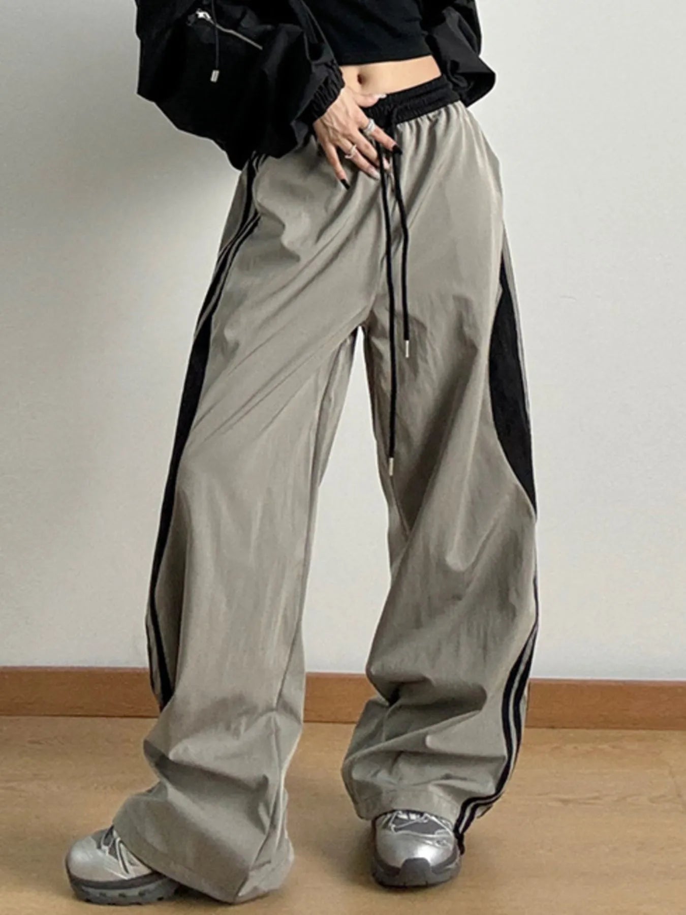 Trendy Striped Wide Leg Drawstring Pants with Pockets - 100% Polyester, Machine Washable
