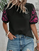 Embroidered Round Neck Short Sleeve Blouse