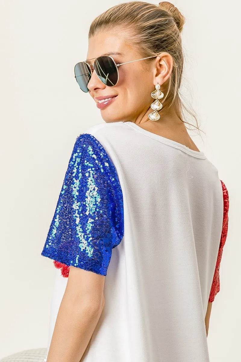 Chic Metallic Letter V-Neck Top with Sequin Sleeves for Glamorous Looks - Store 42
