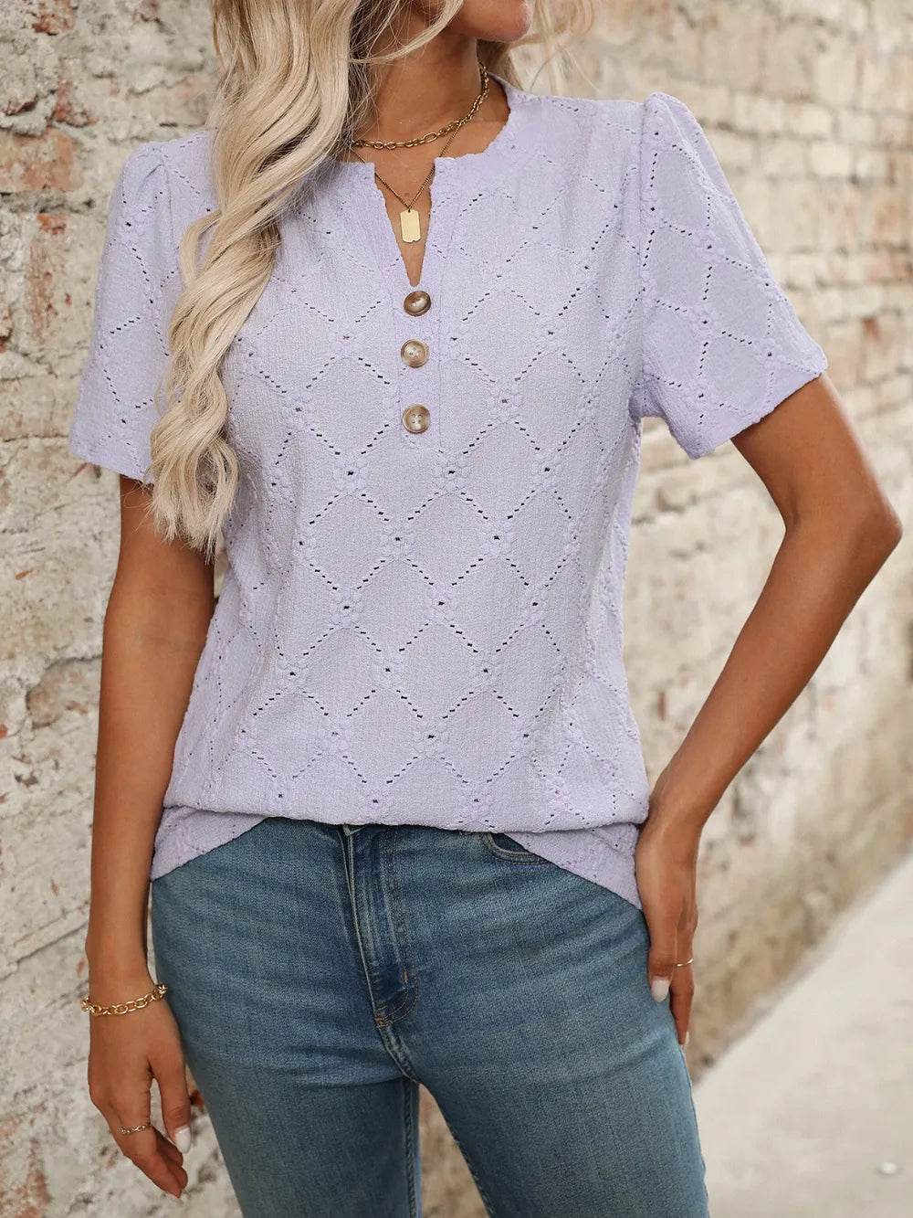 Stylish Eyelet Notched Top with Decorative Buttons - Short Sleeve & Slightly Stretchy, Opaque Fabric - Store 42