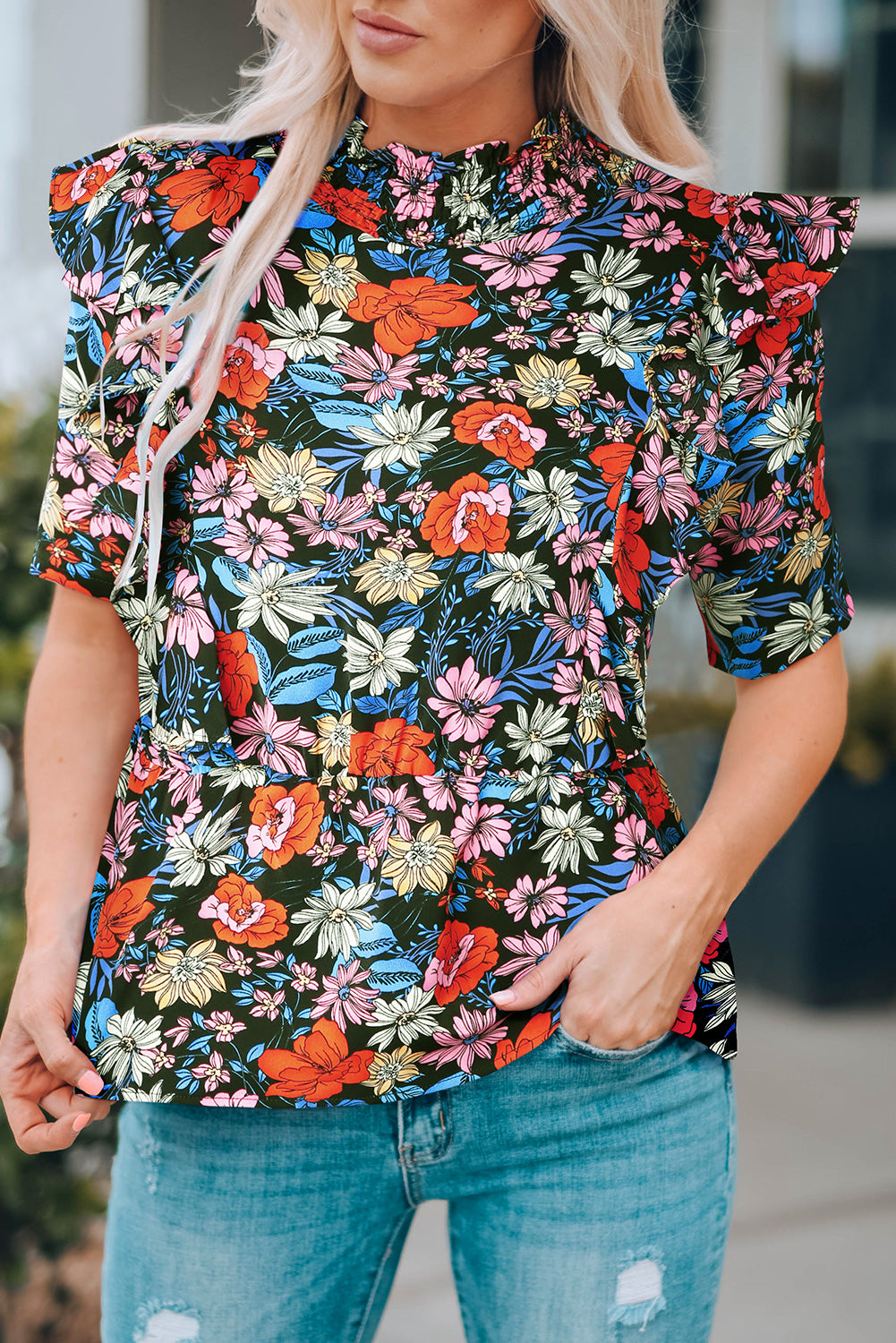 Chic Floral Mock Neck Blouse with Ruffle Shoulders and Half Sleeves - 100% Polyester