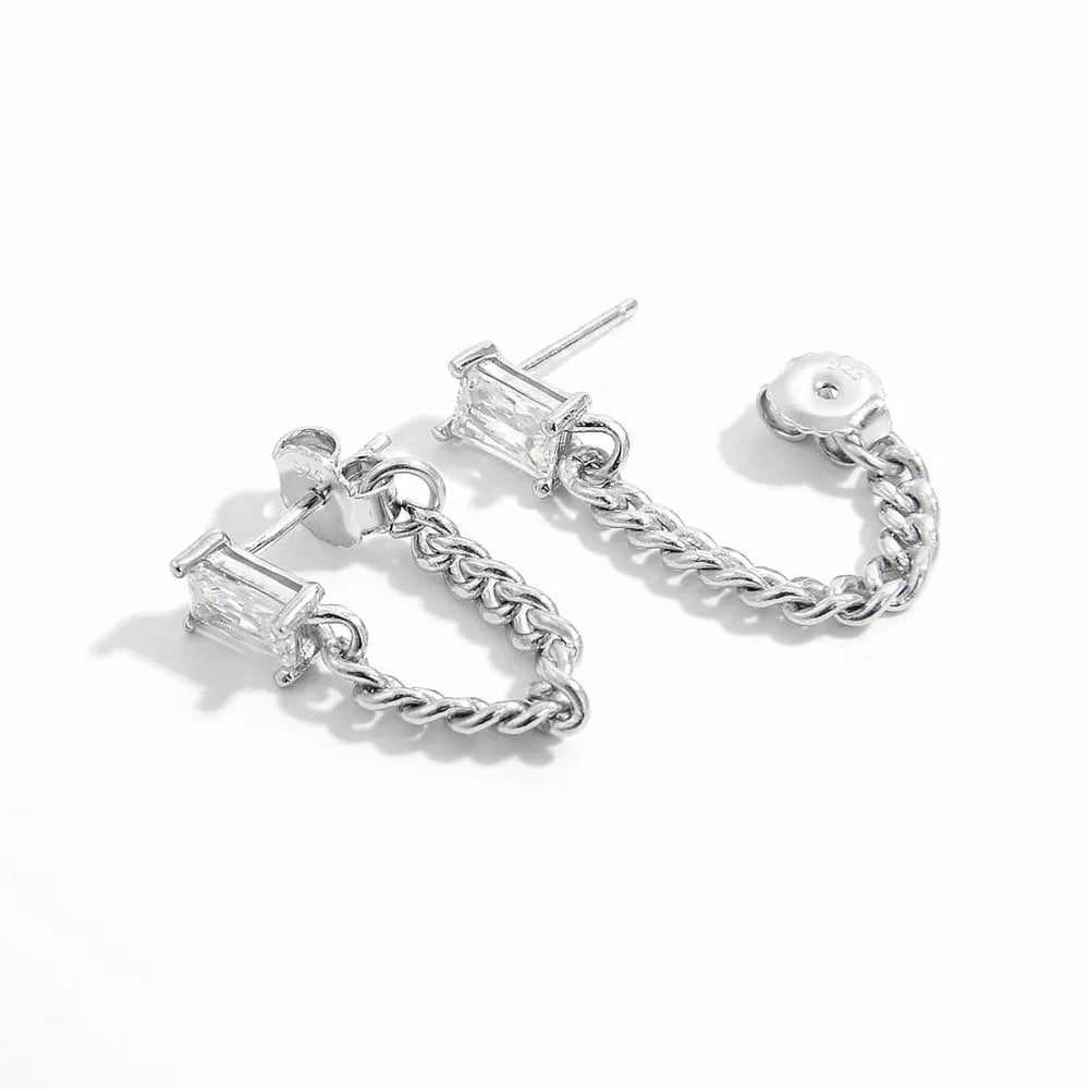 925 Sterling Silver Platinum-Plated Zircon Chain Earrings - Elegant & Lightweight Design