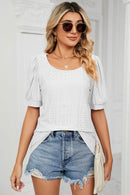 Trendsi Eyelet Puff Sleeve Top - Casual Solid Round Neck Design for Stylish Comfort - Store 42