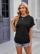 Slightly Stretchy Ruched Round Neck Short Sleeve T-Shirt for Women - Casual Basic Tops - Store 42