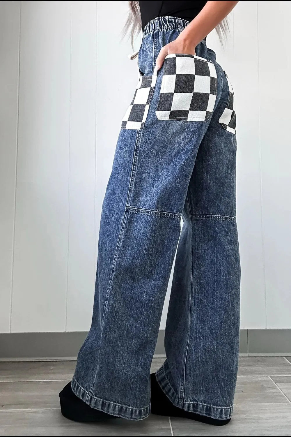 Trendsi Checkered Wide Leg Jeans with Pockets - 95% Rayon, No Stretch, Machine Washable