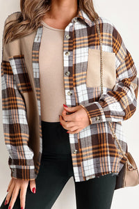Plaid Button Up Long Sleeve Shacket Khaki