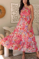 Floral Print Shirred One Shoulder Maxi Dress