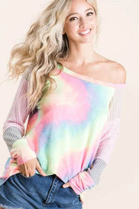 BiBi Tie Dye Terry Top with Color Block Pointelle Knit - Store 42