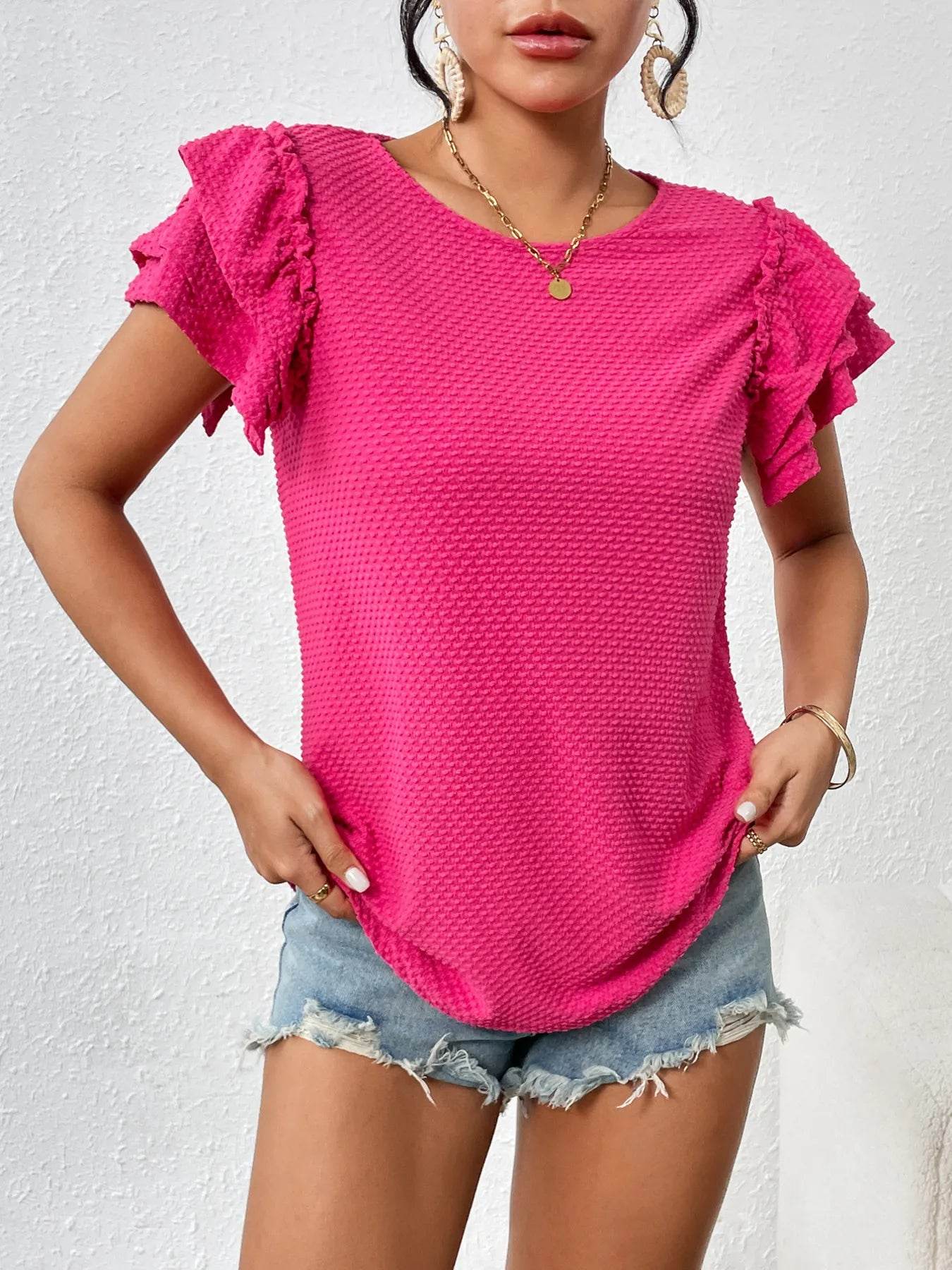 Stylish Round Neck Ruffle Sleeve T-Shirt in Waffle Knit - Slightly Stretchy Polyester Top