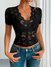 Sheer Lace V-Neck Short Sleeve Top for Women - Slightly Stretchy, Elegant Style - Store 42