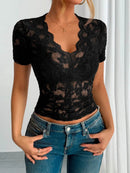 Sheer Lace V-Neck Short Sleeve Top for Women - Slightly Stretchy, Elegant Style - Store 42
