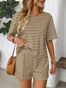 Striped Round Neck Short Sleeve Top and Shorts Set Brown